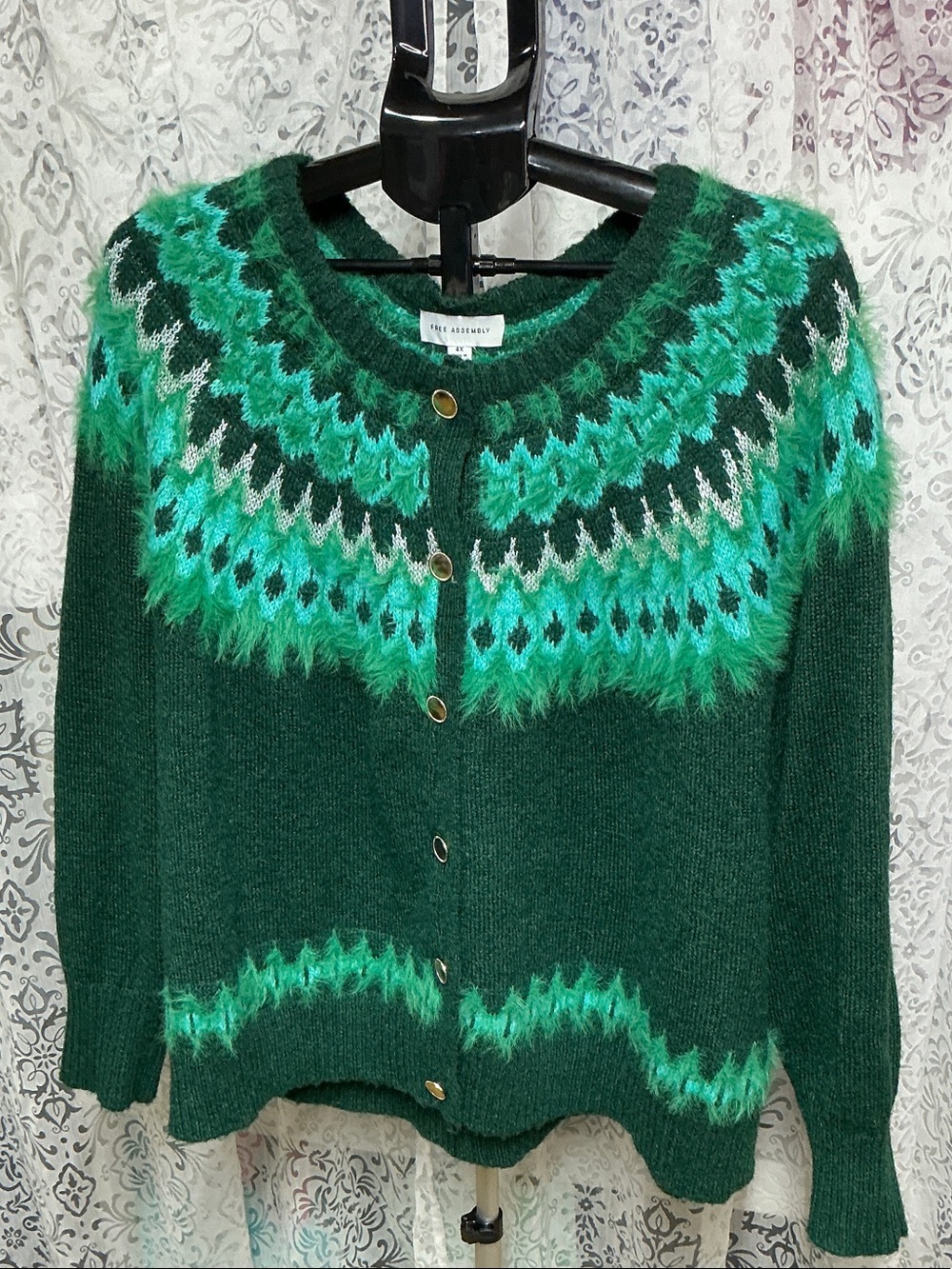 🟣 Free Assembly Green Fair Isle Knit Cardigan with Gold Buttons 4X